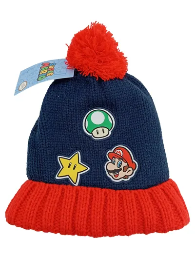 Nintendo Super Mario Kinder Bommelmütze Blau Rot Strickmütze NEU