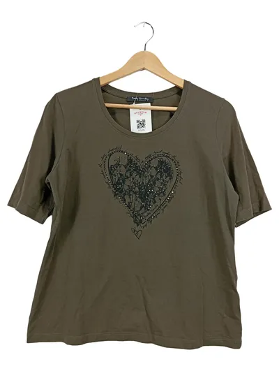 Betty Barclay Damen T-Shirt Gr. 40 Oliv Herz Strass Spitze
