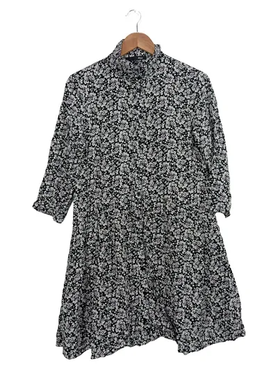 Etam Blusenkleid Damen Gr. 38 Blumenmuster Schwarz Weiß Viskose