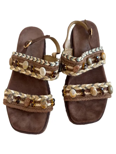 Alma en Pena Sandalen Damen Gr. 38 Braun Bohemian Flechtriemen Ziersteine