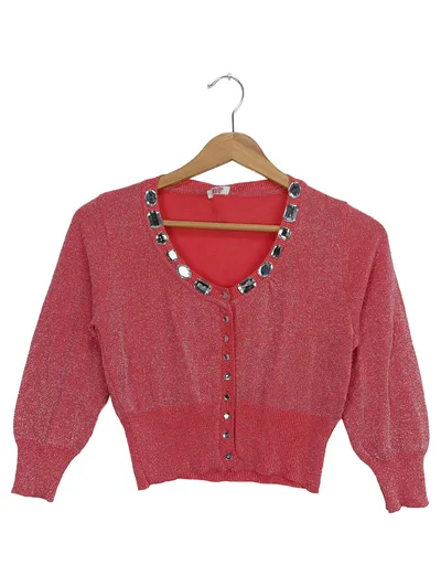 KONTATTO Damen Strickjacke S Rot Elegant Glitzer Strasssteine Knopfleiste