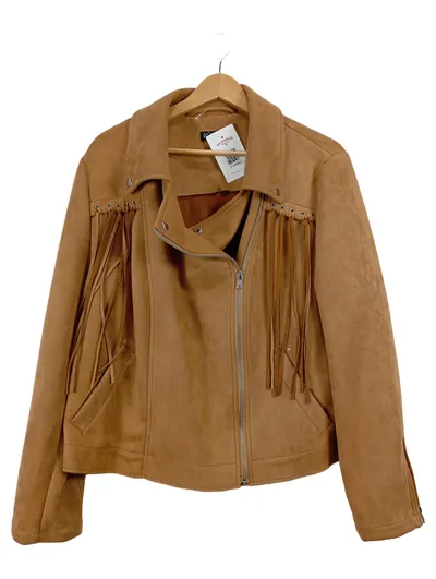 Ulla Popken Damen Wildlederimitat Jacke Fransen Braun Gr. 48 Boho