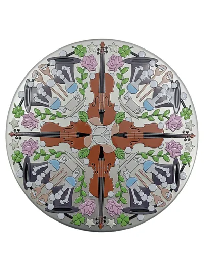 ALESSI Blechdose Retro Mehrfarbig Design Violinen Rosen Glücksklee Ø20cm H10cm
