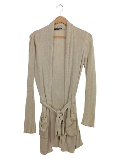 Strenesse Damen Strickjacke Gr. 34 Beige Leinen Bindegürtel Cardigan