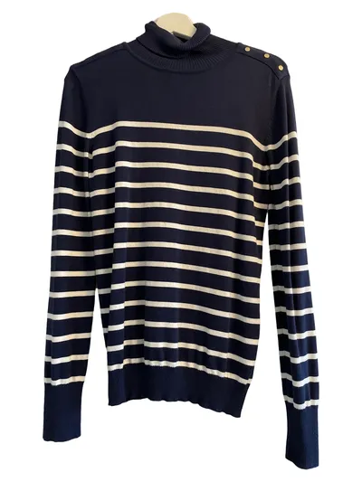 DELMAO Damen Pullover Rollkragen Gestreift Gr. 38 Blau Casual