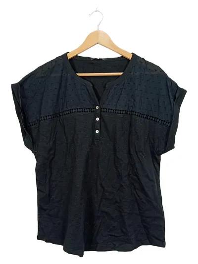 ANNE WEYBURN Damen Bluse Schwarz Gr. 46/48 Baumwolle Kurzarm Spitze