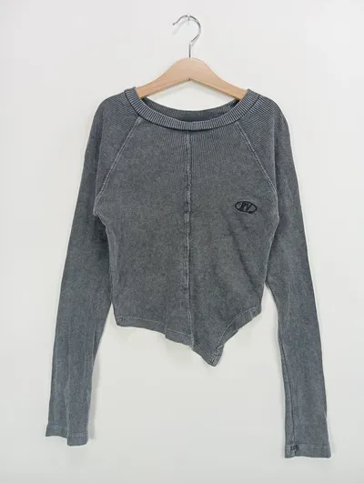 RECLAIMED VINTAGE Damen Langarmshirt Grau Rippstrick Logo 32/XXS Vintage Casual