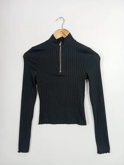 MISS SELFRIDGE Damen Langarmshirt Schwarz Rippstrick Rollkragen Gr. 32/XXS
