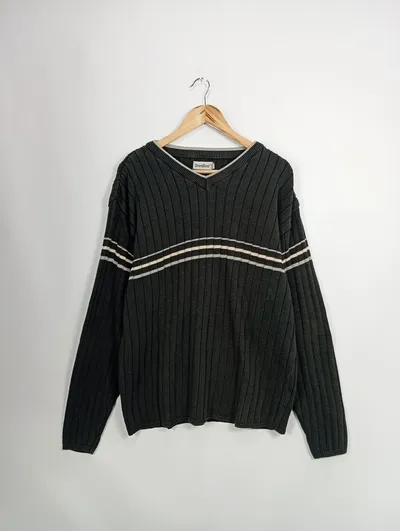 BAMBOO Herren Pullover XL Schwarz Gestreift Rippstrick Casual