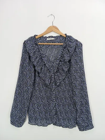 DROLE DE COPINE Bluse Damen 38/M Blau Blumenmuster Rüschen Feminin Vintage