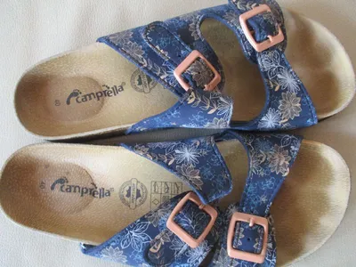Camprella Sandalen Damen Gr. 40 Blau Florales Muster Pantoletten Casual