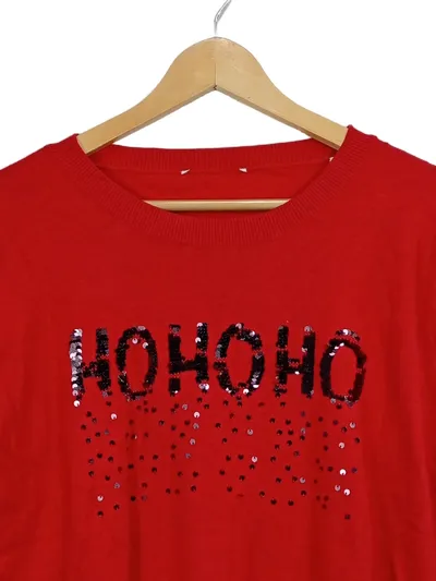EDC by Esprit Damen Pullover Ho Ho Ho Pailletten Rot Gr. 42 XL Weihnachten