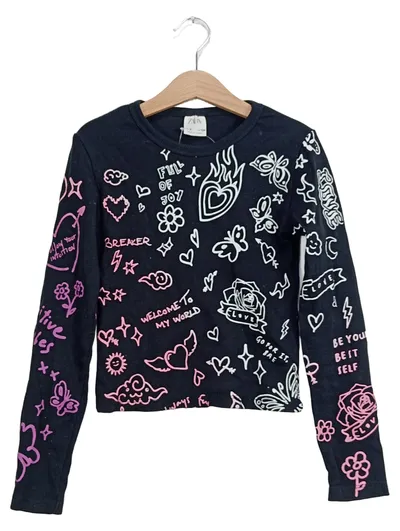ZARA Mädchen Langarmshirt Gr. 134 Schwarz Print Herzen Love Baumwolle