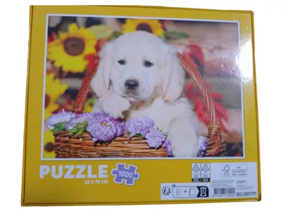 Puzzle 1000 Teile Welpe im Korb Golden Retriever Sonnenblumen 50x70cm