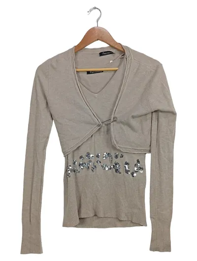 Preziosa Twin Set Damen Beige Gr. S/M Elegant Pailletten Langarm