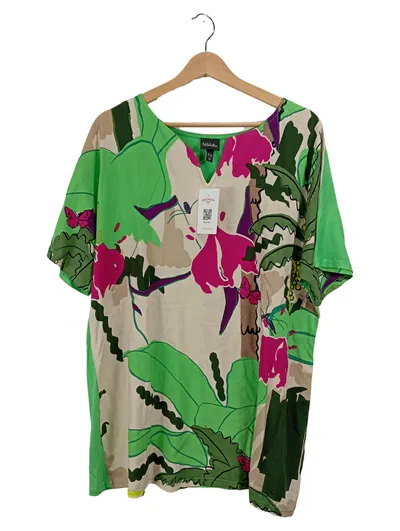 Ulla Popken Damen T-Shirt Gr. XL Grün Florales Muster Kurzarm Viskose