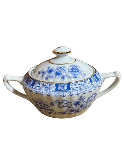 Seltmann Weiden China Blau Zuckerdose Porzellan mit Deckel Goldrand