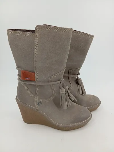 HILFIGER DENIM Damen Stiefel Gr. 37 Grau Keilabsatz Wildleder Optik Quasten