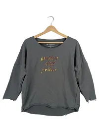 Be Famous Damen Pullover 3/4 Arm Grau Schriftzug Metallic Casual Gr. S 1