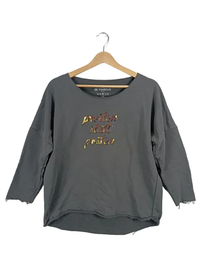 Be Famous Damen Pullover 3/4 Arm Grau Schriftzug Metallic Casual Gr. S