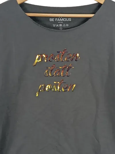 Be Famous Damen Pullover 3/4 Arm Grau Schriftzug Metallic Casual Gr. S