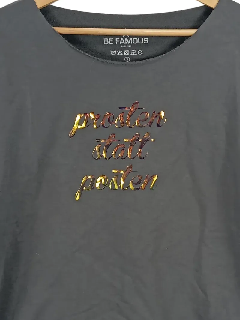 Be Famous Damen Pullover 3/4 Arm Grau Schriftzug Metallic Casual Gr. S 2