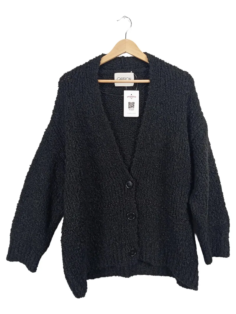Cartoon Damen Strickjacke Gr. 44 Schwarz Strukturmuster Knopfleiste Langarm 1