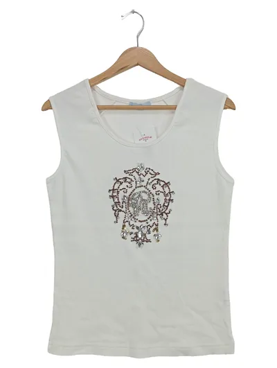 SUZANNA Damen Top Gr. 42/L Weiß Strass Applikation Casual Feminin