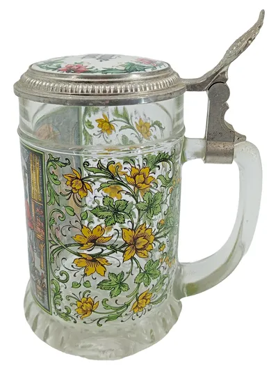 BMF Nostalgischer Bierkrug 15cm Mehrfarbig Glas Metall Blumen Motiv
