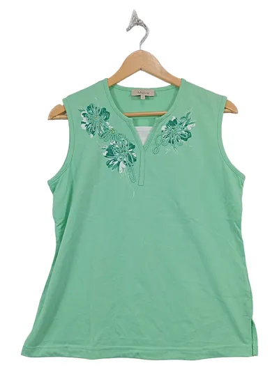 Malva Damen Top Grün L/40 Ärmellos Floralmuster Stickerei Pailletten