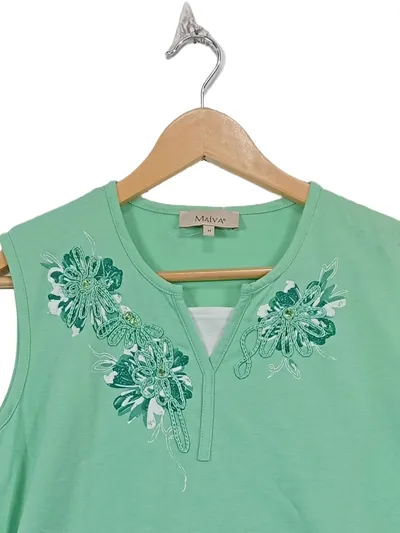 Malva Damen Top Grün L/40 Ärmellos Floralmuster Stickerei Pailletten