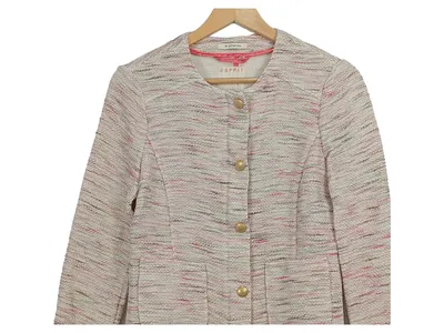 Esprit Damen Strickjacke Bouclé Tweed Gr. 40 Beige Rosa Goldknöpfe