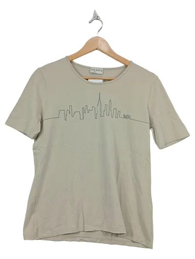 VIA APPIA Damen T-Shirt Grafik Strass Kurzarm Beige Gr. 42/XL Baumwolle