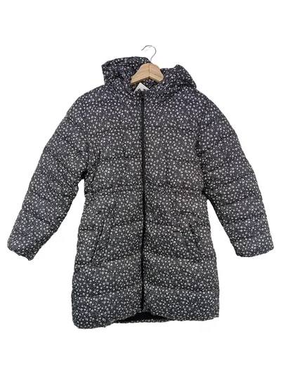 MNG Kinder Steppmantel Gr. 152 Schwarz Blumenmuster Kapuze gesteppt