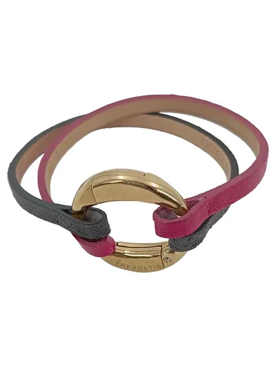 ENERGETIX Armband Damen Leder Mehrfarbig Pink Grau Elegant Strasssteine 19cm
