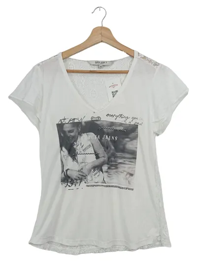 Garcia Jeans Damen T-Shirt Spitze Print Weiß Gr. 38/M Casual Baumwolle