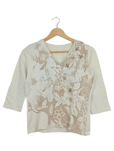 My Own Damen Shirt Blumenmuster Perlen V-Ausschnitt Gr. S Beige 3/4-Arm