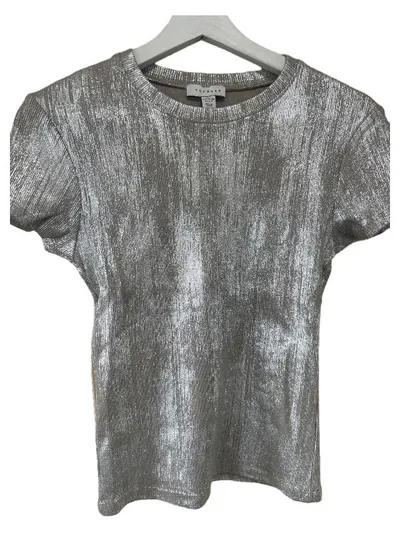 Topshop Damen Glitzer T-Shirt Gr. 38 Silber Modern Kurzarm