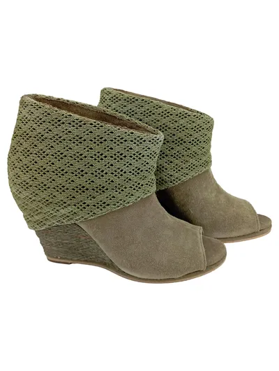 BRONX Open-Toe Keilabsatz Stiefelette Damen Gr. 38 Grün Wildleder Vintage