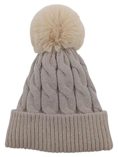 Leoberg Strickmütze Bommel Damen Beige Zopfmuster Wintermütze