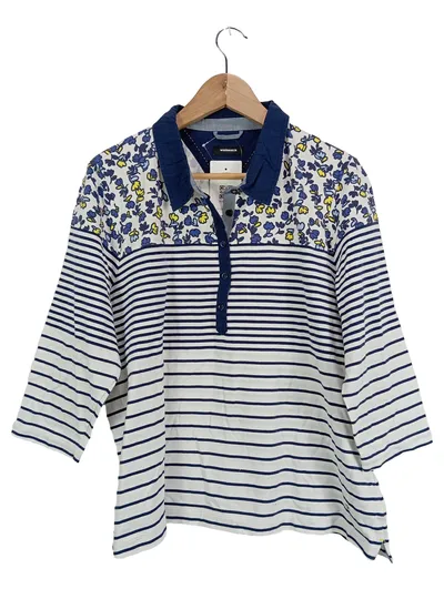 Walbusch Damen Poloshirt Gr. 48/50 Blau Weiß Gestreift Blumen Maritim