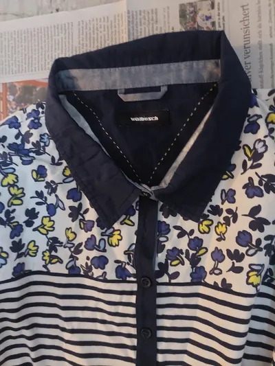 Walbusch Damen Poloshirt Gr. 48/50 Blau Weiß Gestreift Blumen Maritim