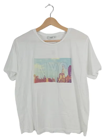 Mango T-Shirt Damen L Weiß Schriftzug Logo Print Baumwolle Freizeit