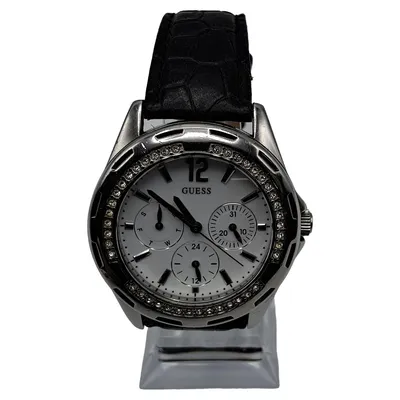 GUESS Damenuhr Silber Strassbesatz schwarzes Lederarmband Multifunktion