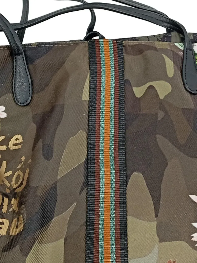 Desigual Damen Henkeltasche Camouflage Schriftzug Stoff Groß Mehrfarbig Freizeit 4