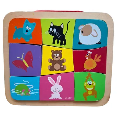 Janod Steckpuzzle Holz Tiere Kinder Katze Schaf Bär Hund Hase Maus Vogel