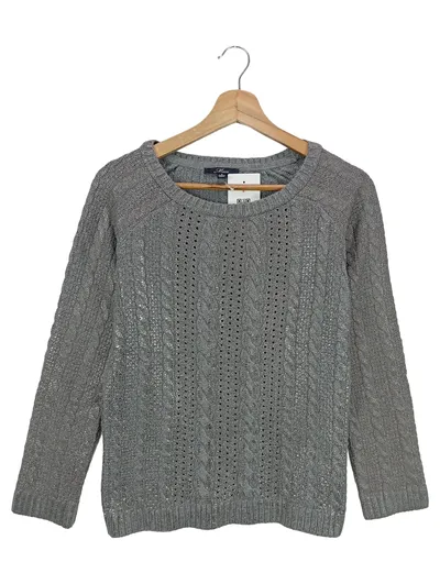 Mavi Damen Pullover Grau S Zopfstrick Lochmuster Glitzer Langarm Basic