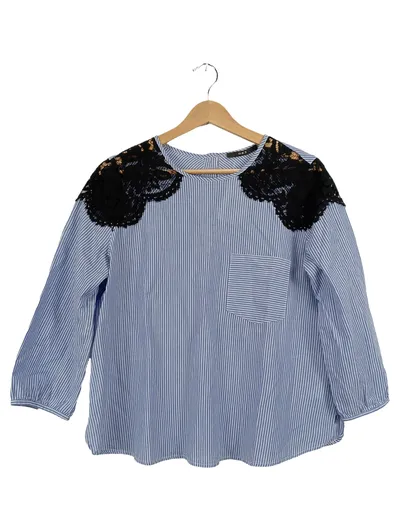 SET Damen Bluse Gr. 38 Blau Weiß Gestreift Spitze Schulter