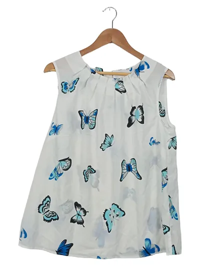Ambria Damen Top Gr. 42 XL Weiß Schmetterling Ärmellos Bluse