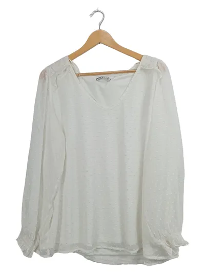 pageone Damen Bluse Langarm 46 Weiß Struktur Rüschen Raffung Sommer
